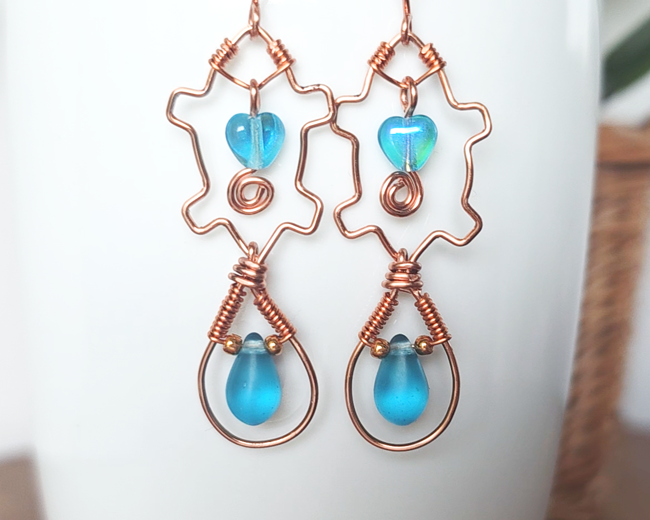 Long Copper Aqua Blue Beaver Heart Eternity Earrings