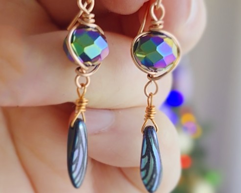 Long Dragonfly Wing Crystal Copper Dangle Earrings