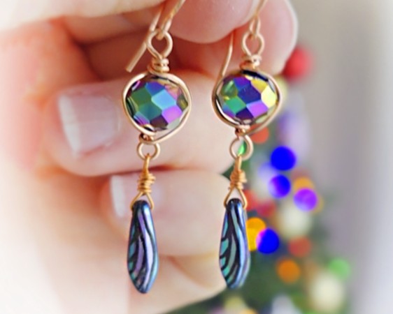 Long Dragonfly Wing Crystal Copper Dangle Earrings