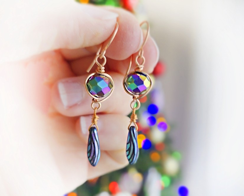 Long Dragonfly Wing Crystal Copper Dangle Earrings