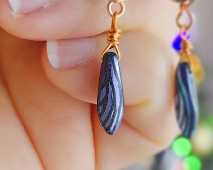 Long Dragonfly Wing Crystal Copper Dangle Earrings