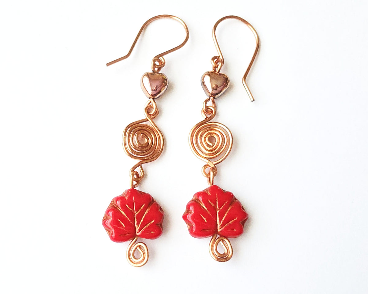 Long Maple Leaf Heart Eternity Copper Dangle Earrings