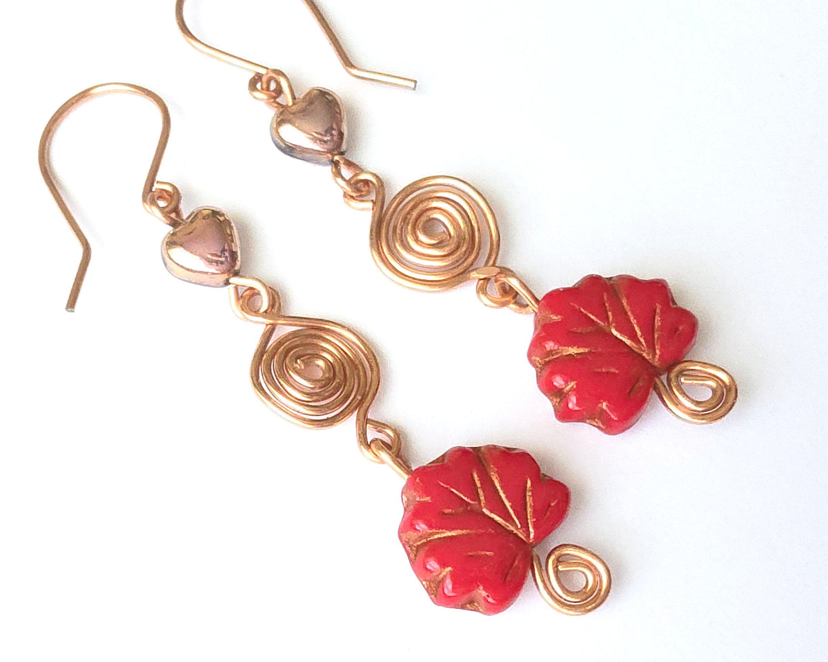 Long Maple Leaf Heart Eternity Copper Dangle Earrings