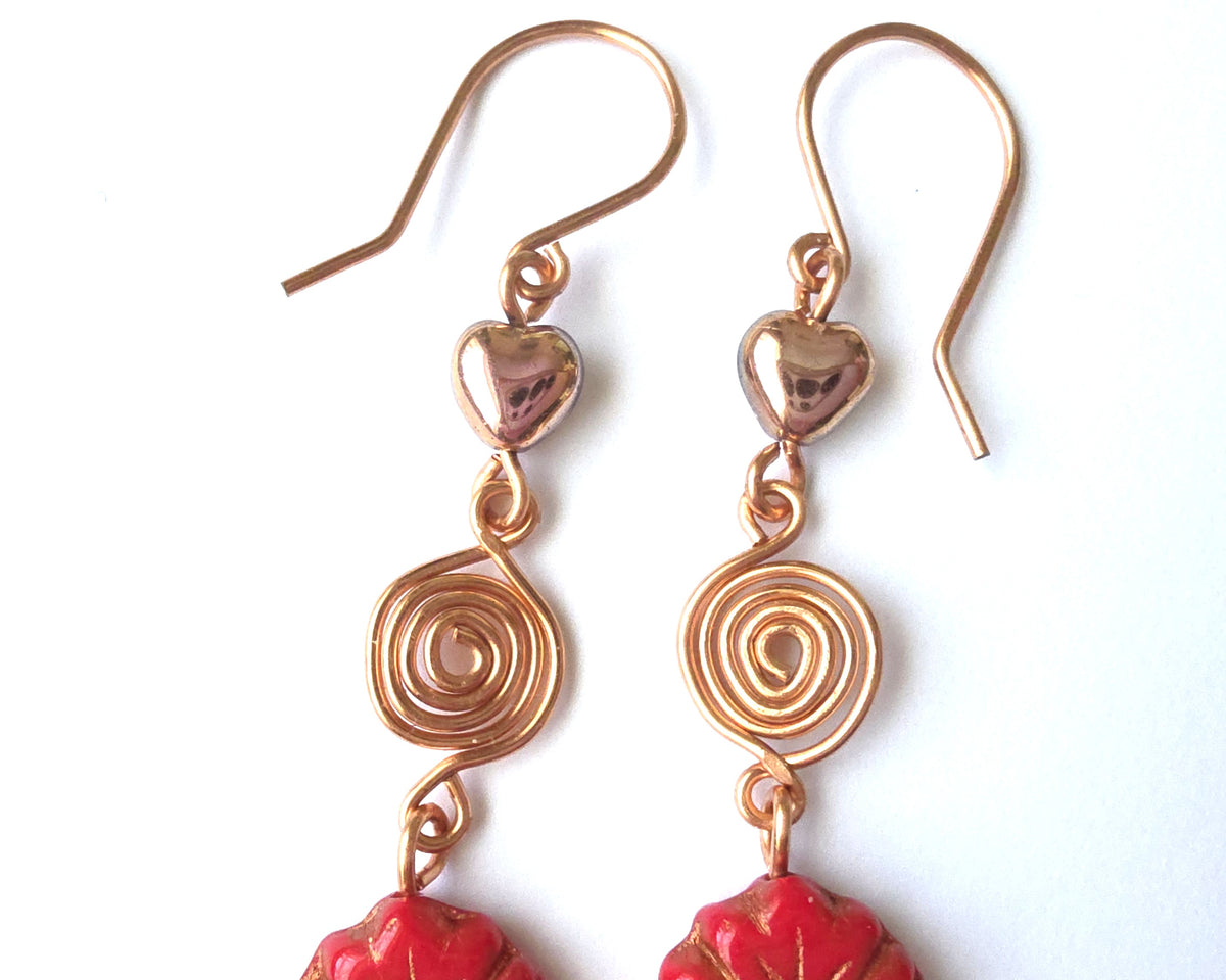 Long Maple Leaf Heart Eternity Copper Dangle Earrings