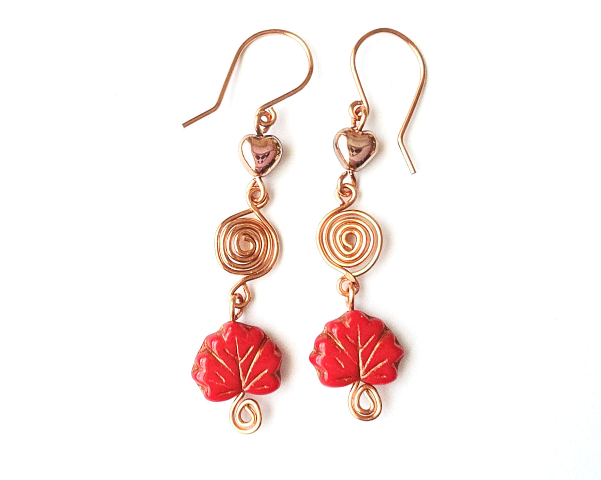 Long Maple Leaf Heart Eternity Copper Dangle Earrings