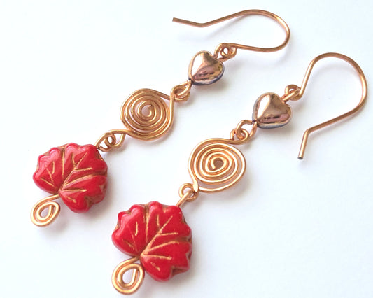Long Maple Leaf Heart Eternity Copper Dangle Earrings