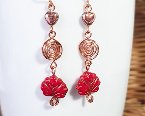 Long Maple Leaf Heart Eternity Copper Dangle Earrings