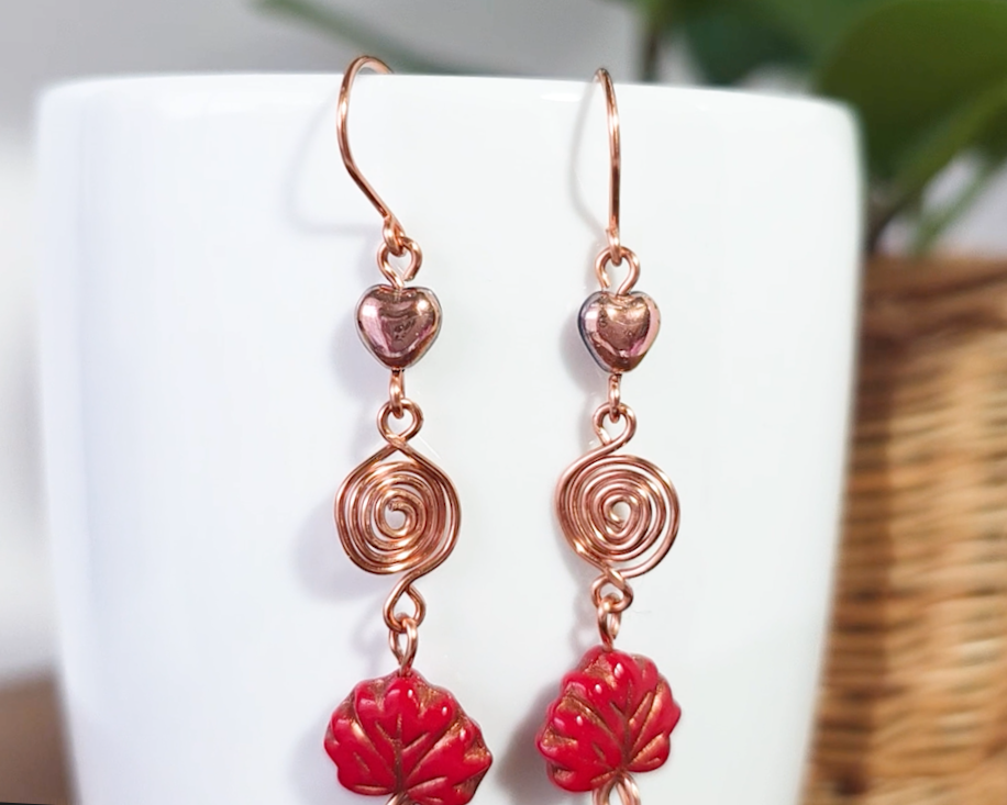 Long Maple Leaf Heart Eternity Copper Dangle Earrings