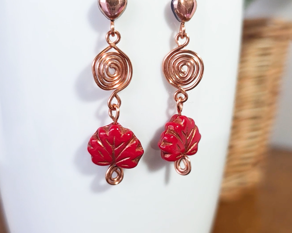 Long Maple Leaf Heart Eternity Copper Dangle Earrings