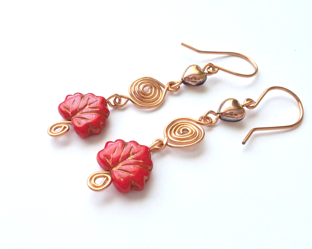 Long Maple Leaf Heart Eternity Copper Dangle Earrings