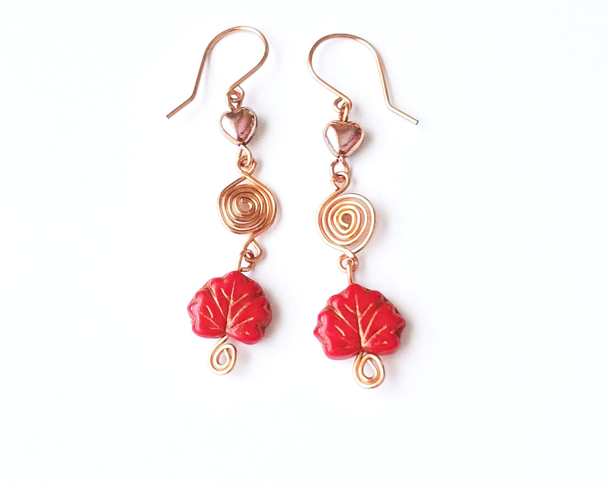 Long Maple Leaf Heart Eternity Copper Dangle Earrings