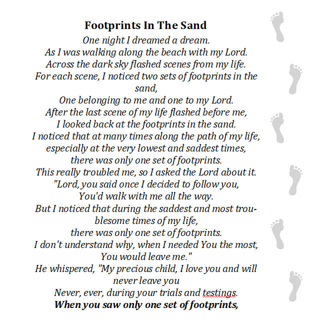Footprints In The Sand Poem on white Background 