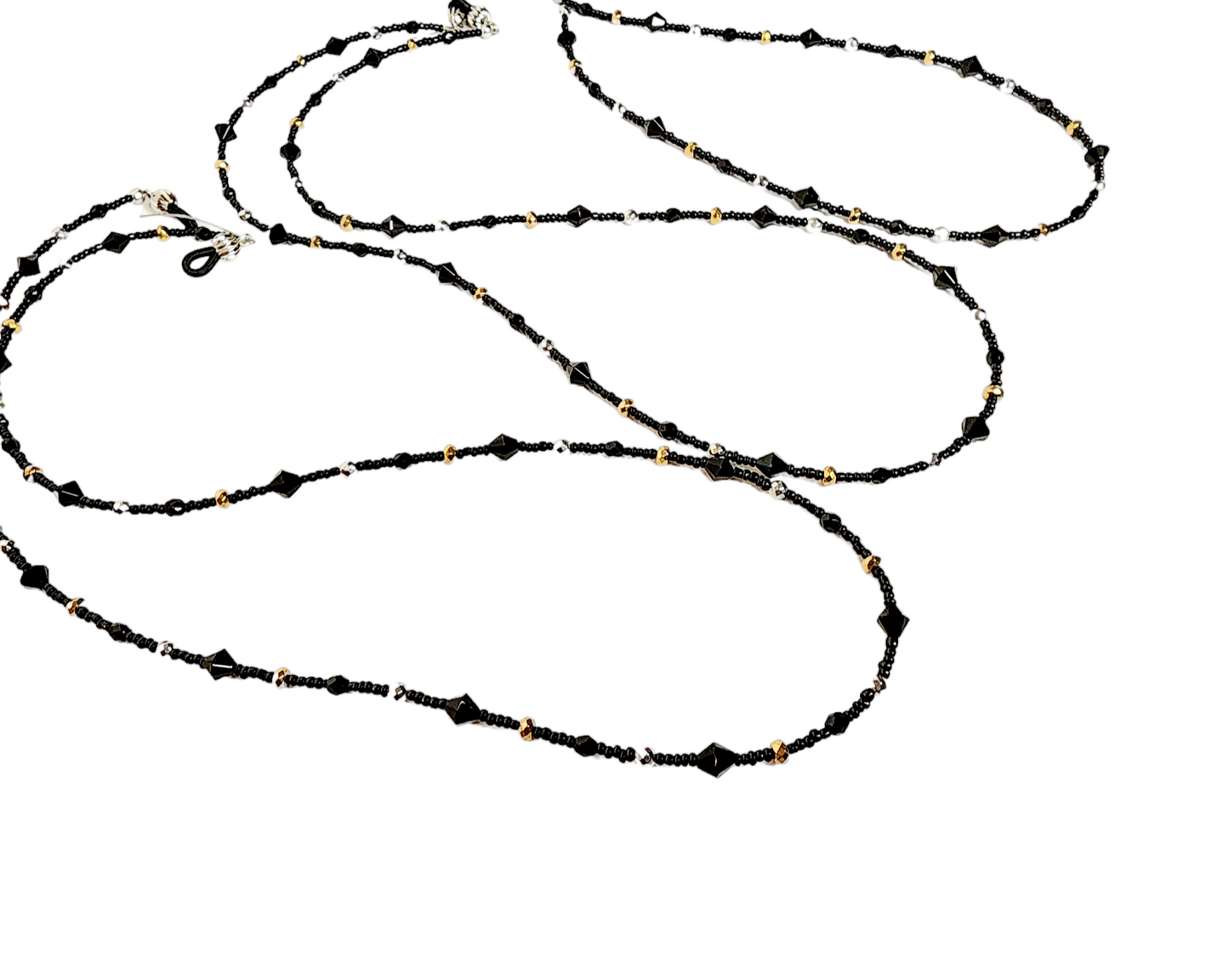 Deluxe Beaded Eyeglass Chain, Sparkly Black glass beads with Gold & Silver Hemalike beads.
