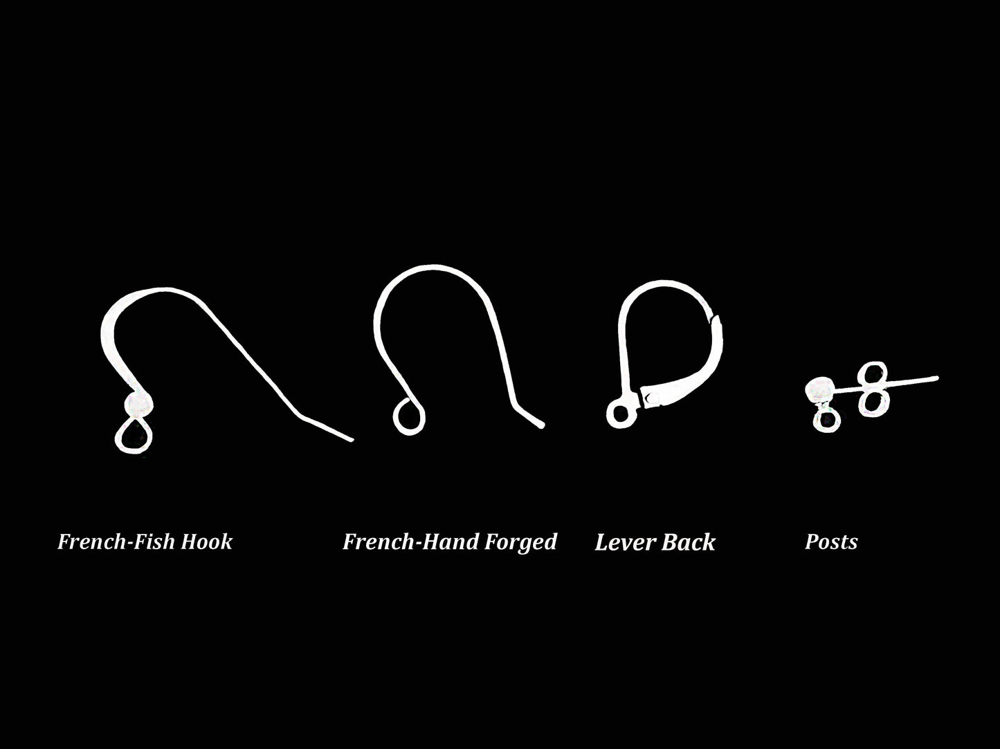 Earring Wires, French hooks, Hand Forged French earring wires, Lever Backs and  Posts on black background 