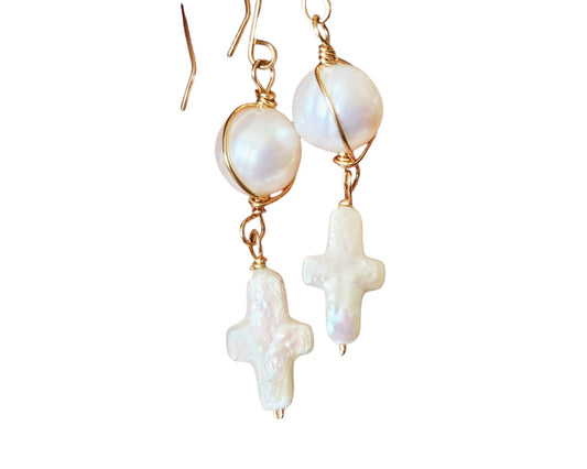 Long Freshwater Cultured Pearl Cross Dangle Earrings with a round pearl on top and Cross dangling below, wrapped with 14k Gold Filled wire and French earrings hooks. 