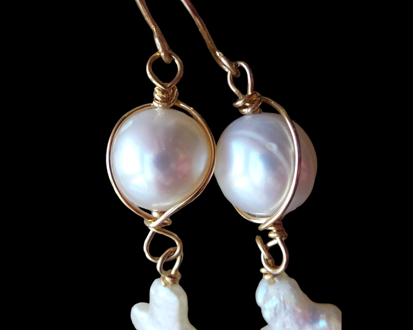 Long Freshwater Cultured Pearl Cross Dangle Earrings with a round pearl on top and Cross dangling below, wrapped with 14k Gold Filled wire and French earrings hooks. 