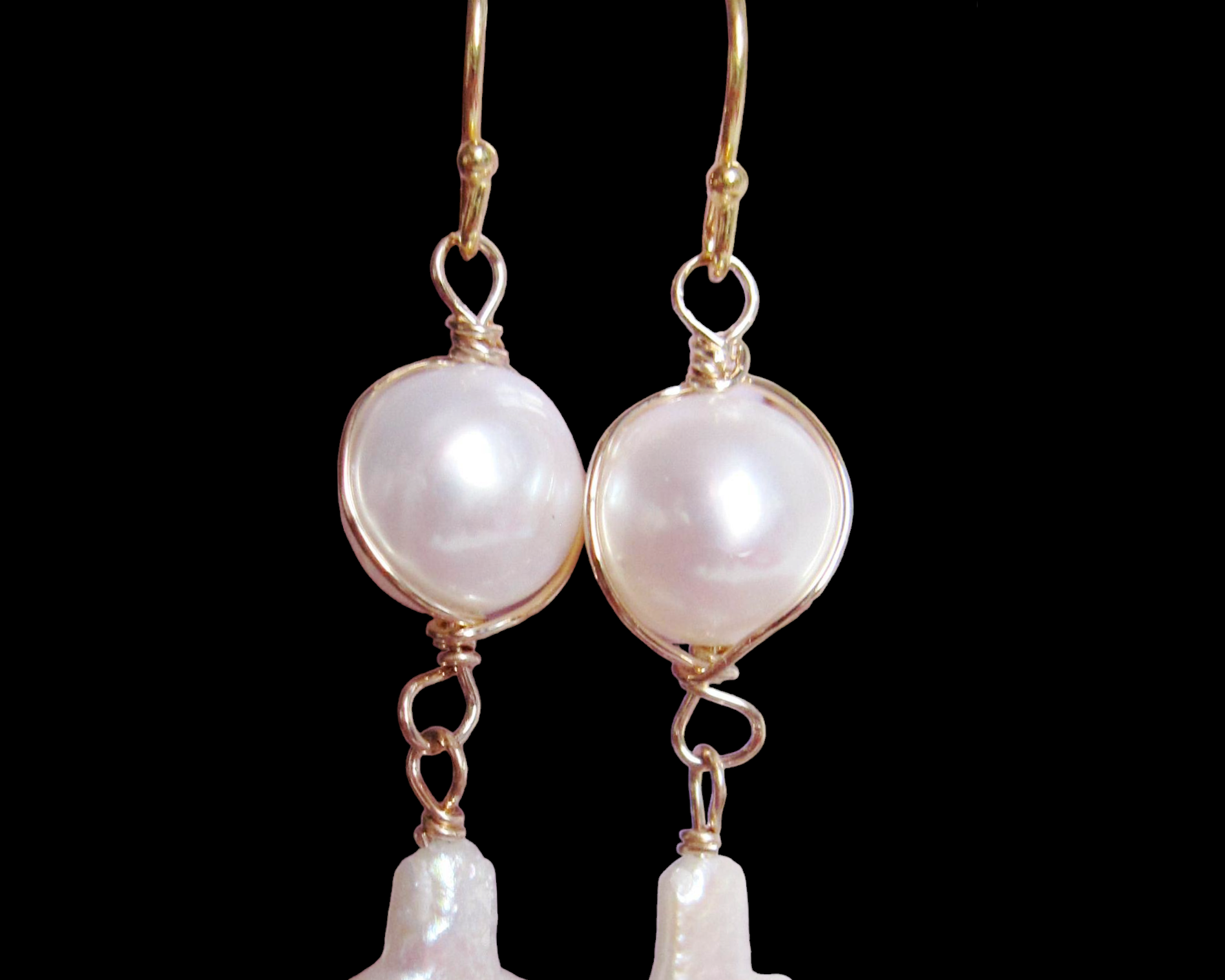 Long Freshwater Cultured Pearl Cross Dangle Earrings with a round pearl on top and Cross dangling below, wrapped with 14k Gold Filled wire and French earrings hooks. 