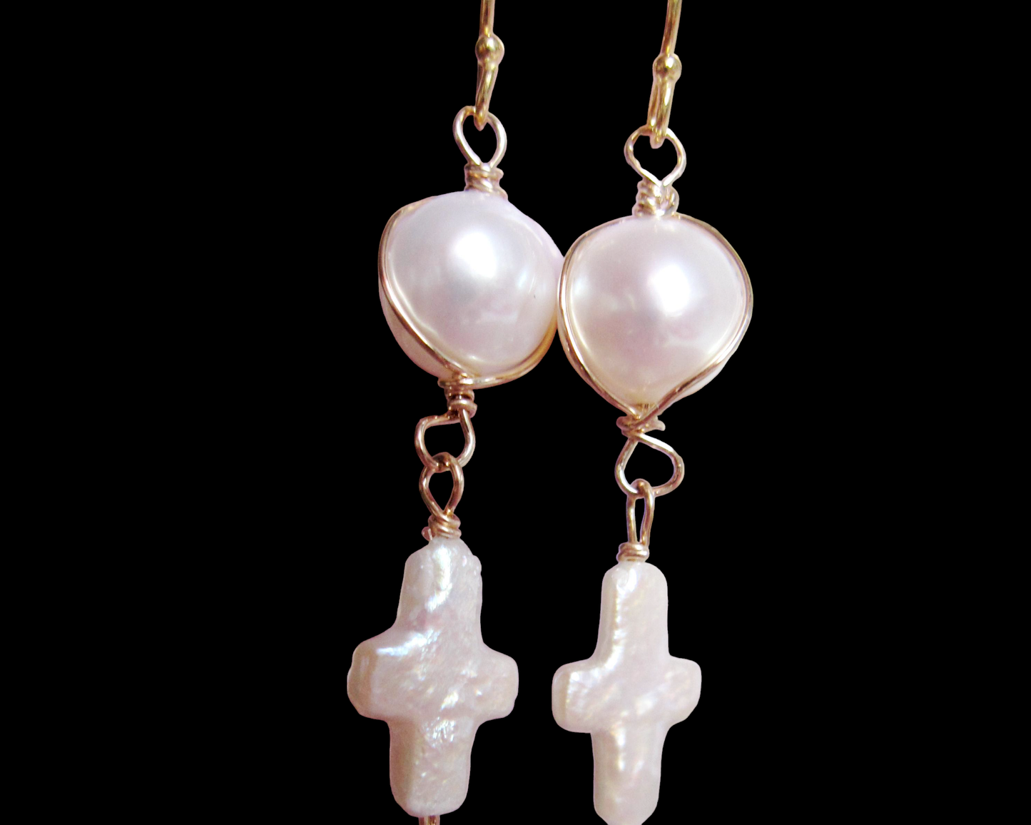 Long Freshwater Cultured Pearl Cross Dangle Earrings with a round pearl on top and Cross dangling below, wrapped with 14k Gold Filled wire and French earrings hooks. 