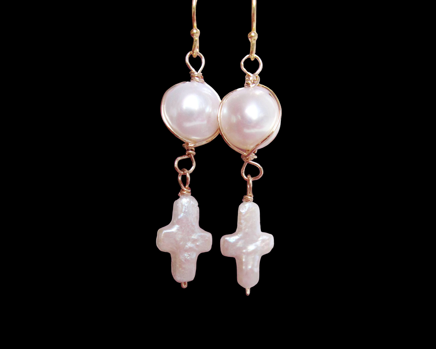 Long Freshwater Cultured Pearl Cross Dangle Earrings with a round pearl on top and Cross dangling below, wrapped with 14k Gold Filled wire and French earrings hooks. 