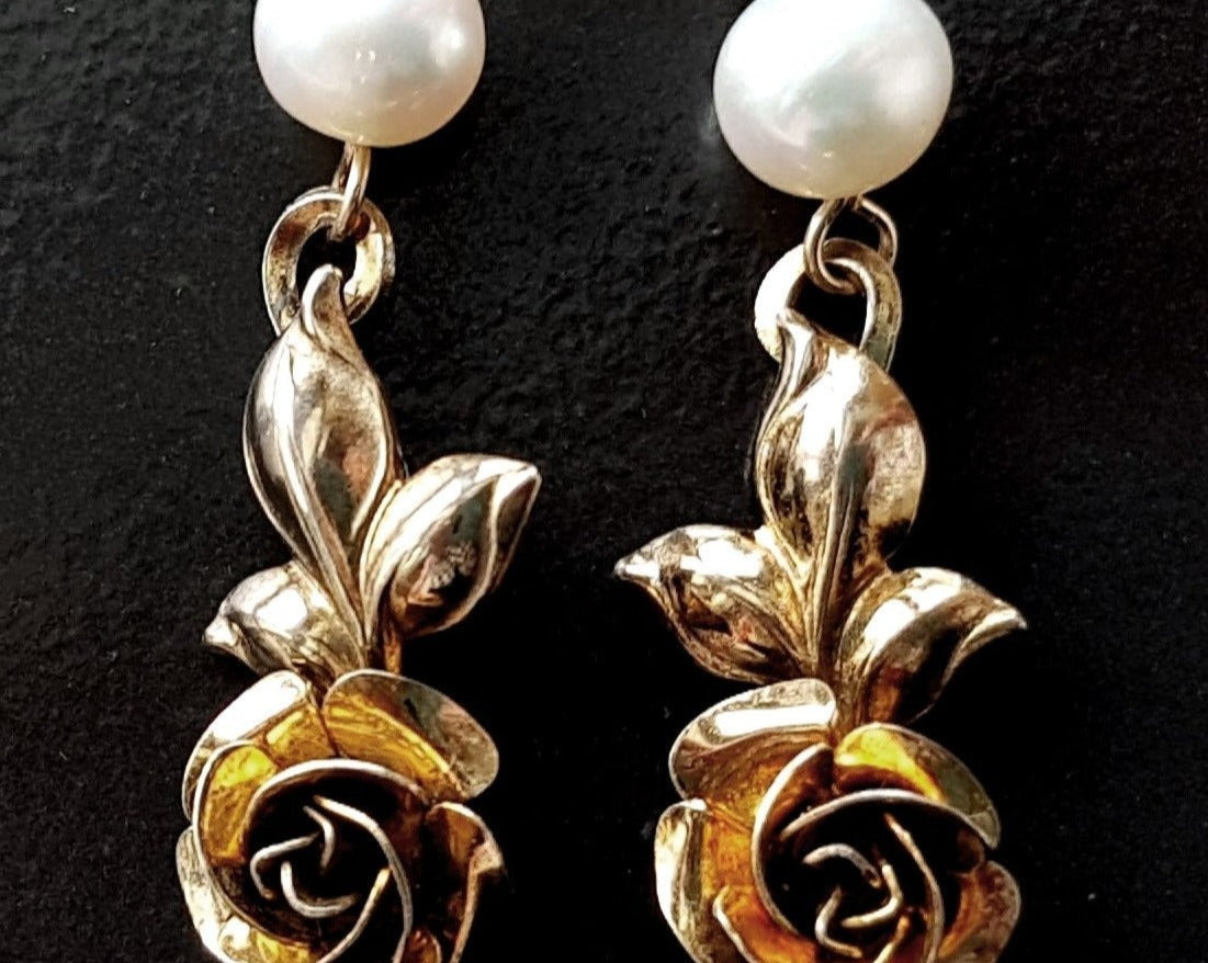 Long Dangle Golden Victorian Style Rose Pearl Earrings with gold roses and white pearls on french earring wires. 