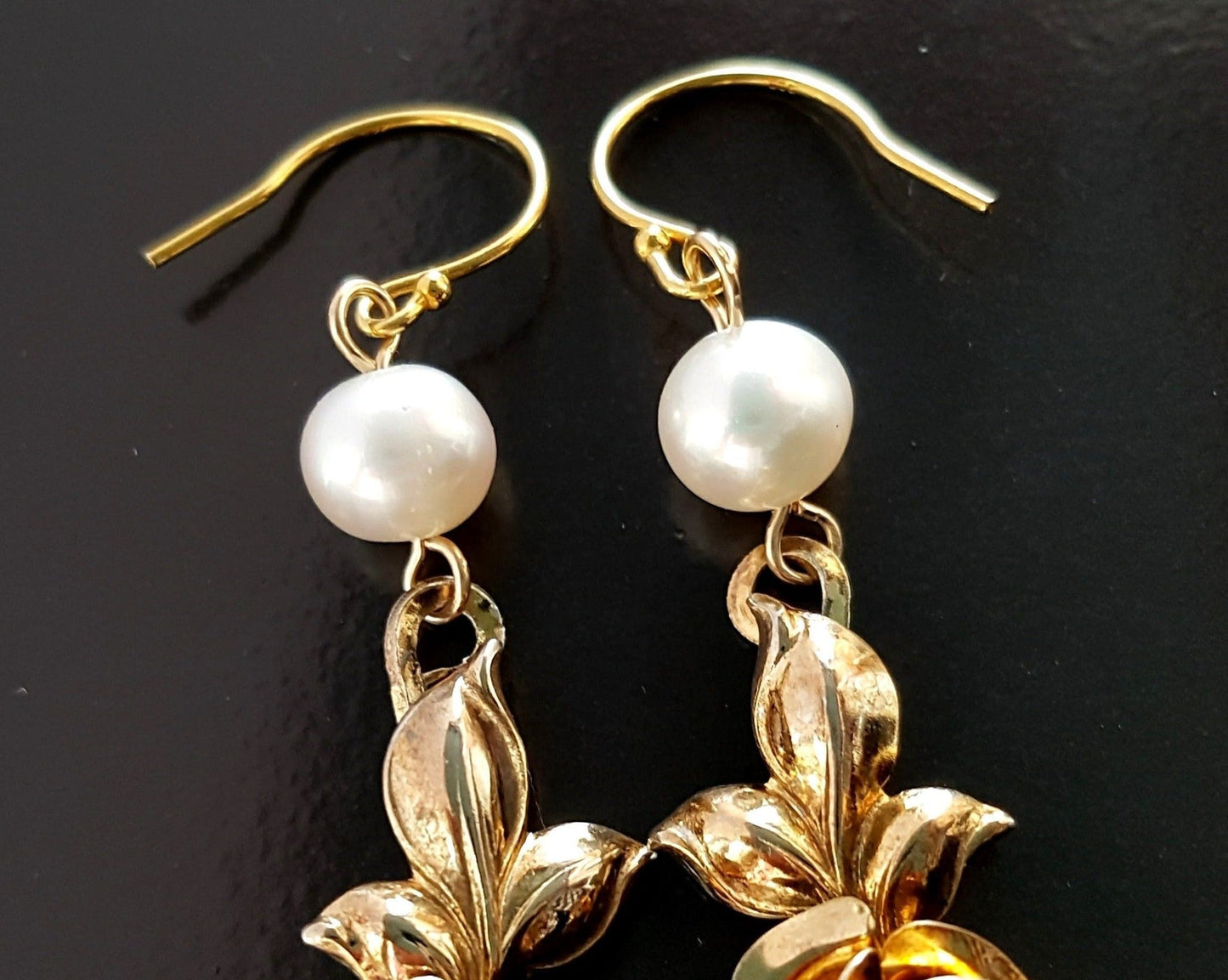 Long Dangle Golden Victorian Style Rose Pearl Earrings with gold roses and white pearls on french earring wires. 