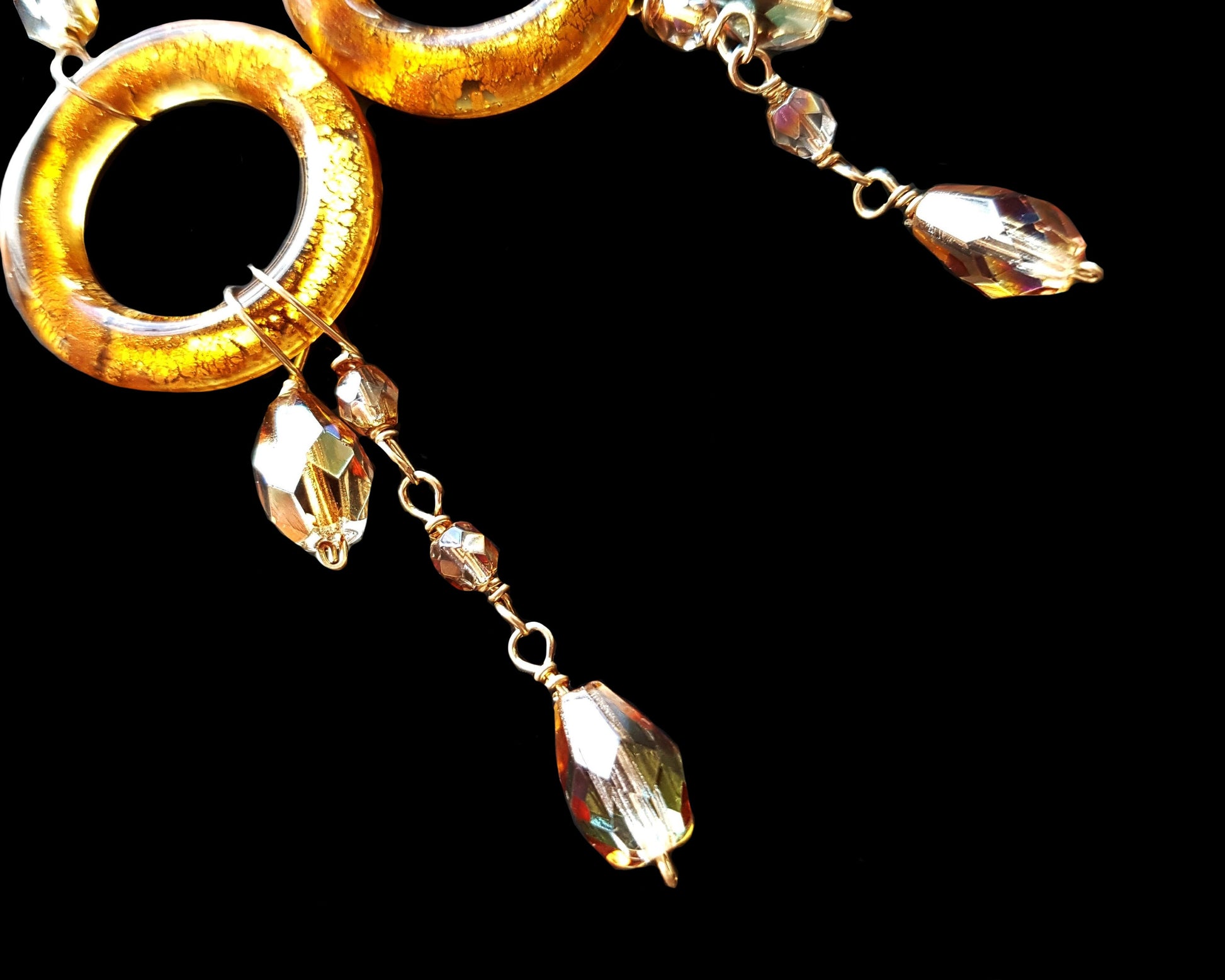 Long Gold Eternity Hoop Chandelier Earrings, 14k Gold Filled, Czech Fire Polish, round Foil Glass Circles and dangling beads.