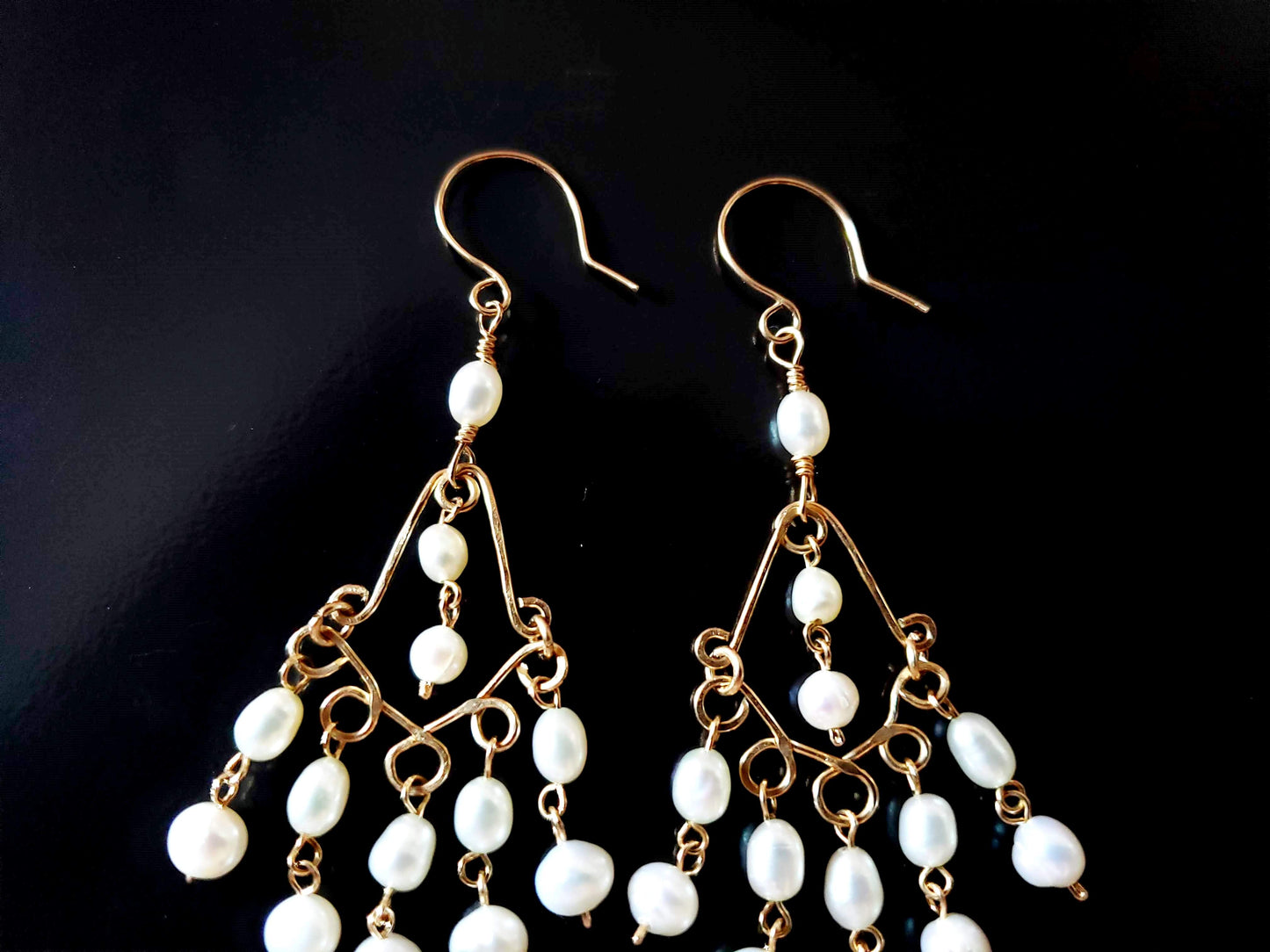 Bohemian Treasure Pearl Chandelier Earrings, Long White Pearl Earrings, 14k Gold Filled and Freshwater Cultured Pearls