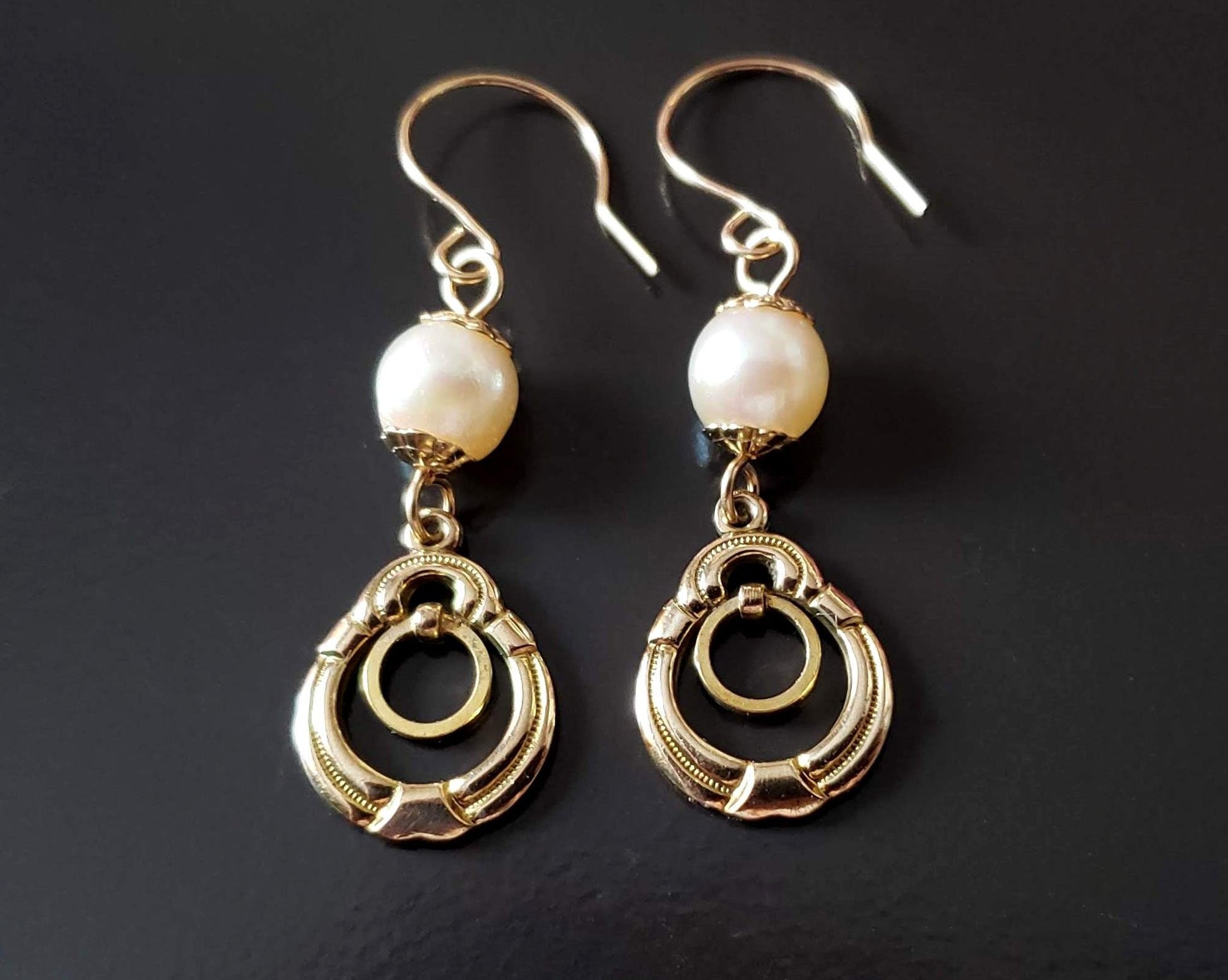 Vintage Cultured Pearl Victorian Inspired Earrings, Long Pearl Earrings with Vintage Gold Filed Pendants, dangle from French style earring wires