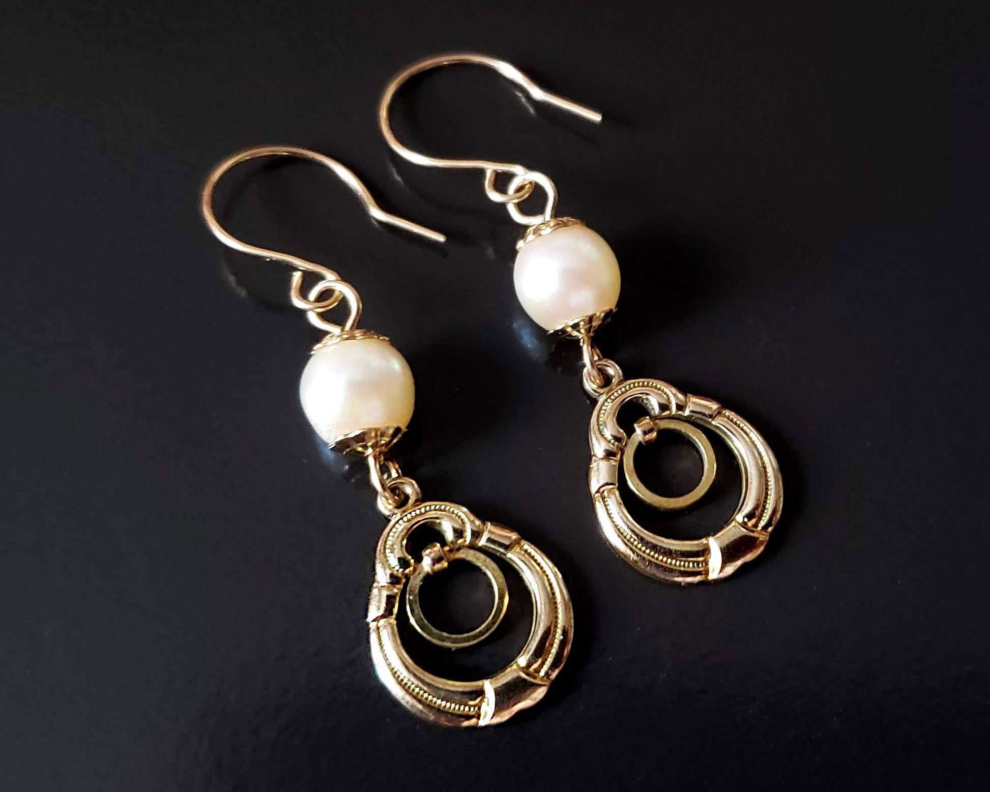 Vintage Cultured Pearl Victorian Inspired Earrings, Long Pearl Earrings with Vintage Gold Filed Pendants, dangle from French style earring wires