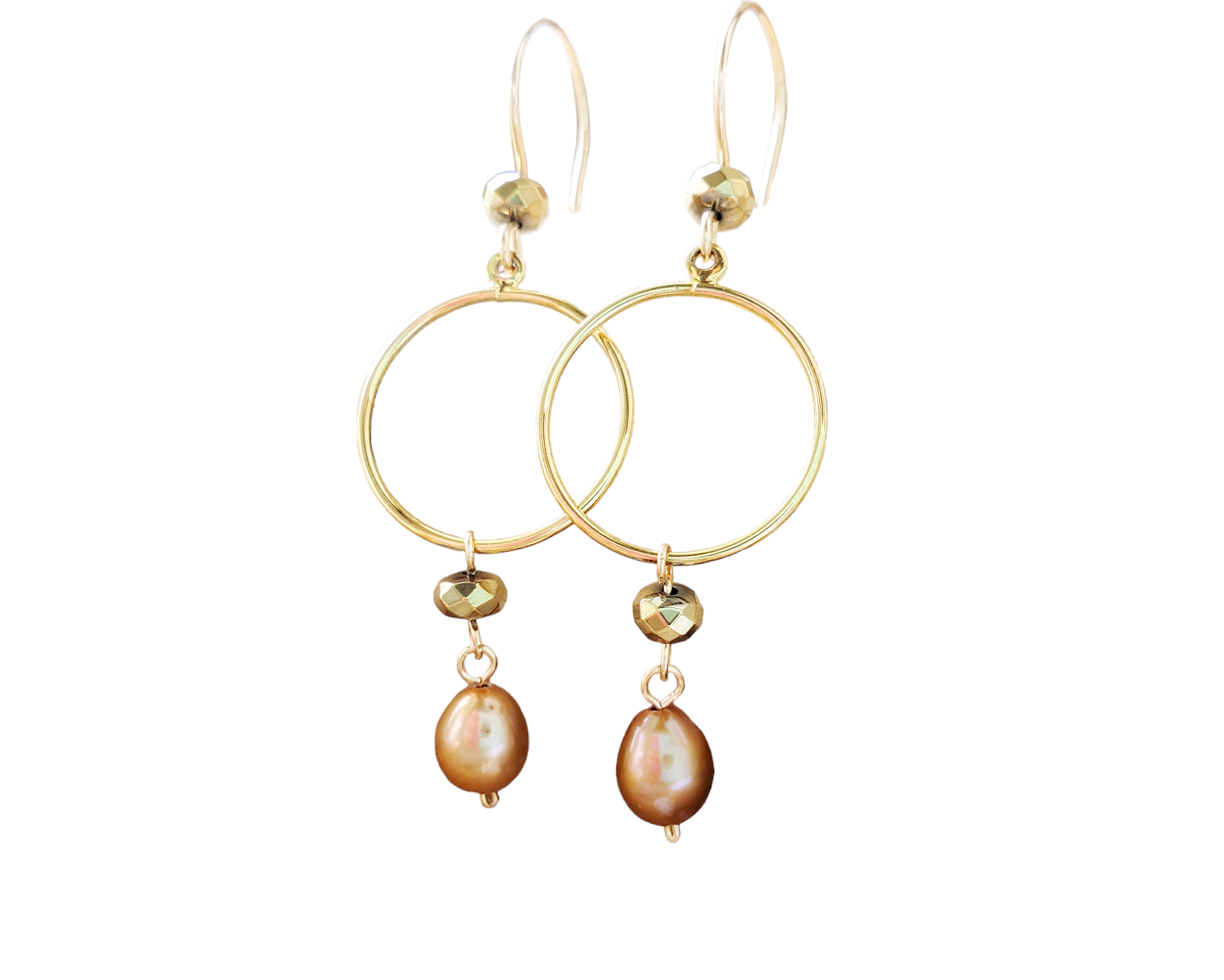 Long Gold Pearl Hoop Dangle Earrings with Gold Freshwater Cultured Pearls and Gold Hematite dangle from the hoops.