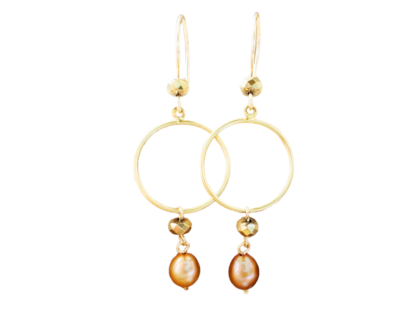 Long Gold Pearl Hoop Dangle Earrings with Gold Freshwater Cultured Pearls and Gold Hematite dangle from the hoops.