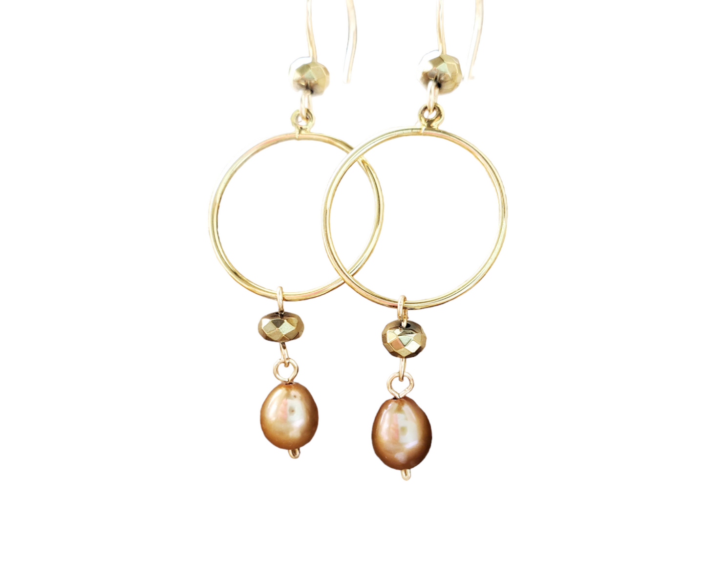 Long Gold Pearl Hoop Dangle Earrings