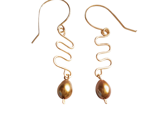 Golden River Freshwater Cultured Pearls Gold Filled Earrings with wavy hand forged design and french style earring hooks.