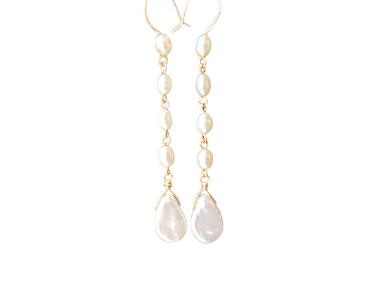 Long Art Deco Inspired Dangle white Freshwater Cultured Peal Drop Earrings with 14k gold Filled metal, large drop shaped pearls and long stream of oval shaped pearls