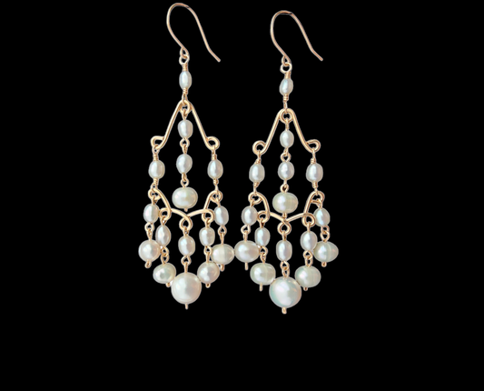 Long bohemian style elaborate pearl chandelier earrings, 14k Gold Filled and white Freshwater Cultured Pearls 