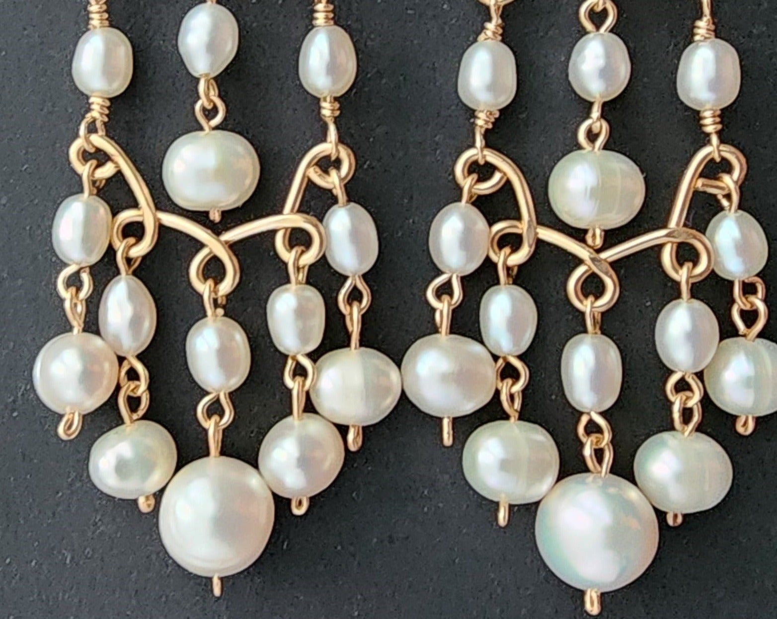 Long bohemian style elaborate pearl chandelier earrings, 14k Gold Filled and white Freshwater Cultured Pearls 