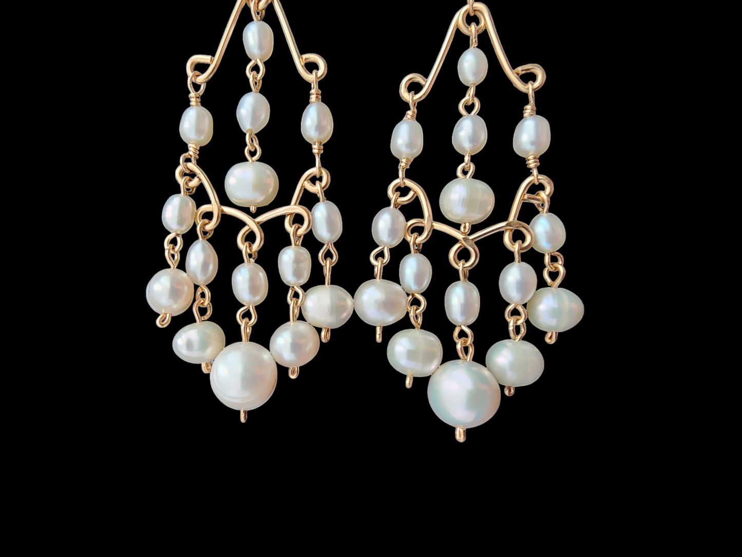 Long bohemian style elaborate pearl chandelier earrings, 14k Gold Filled and white Freshwater Cultured Pearls 