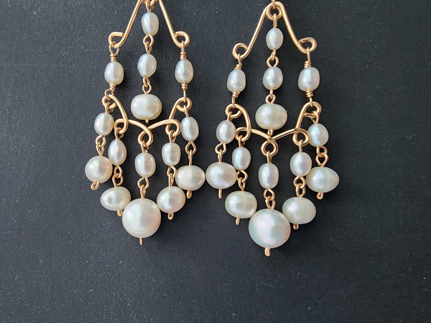 Long bohemian style elaborate pearl chandelier earrings, 14k Gold Filled and white Freshwater Cultured Pearls 