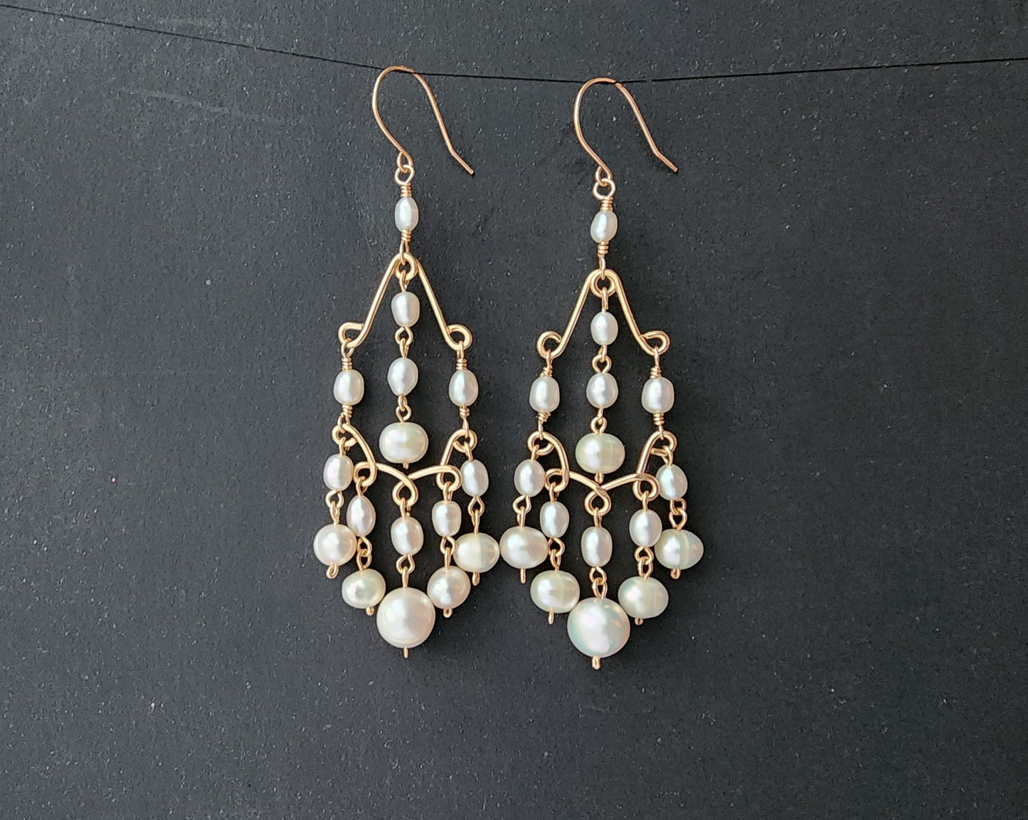 Long bohemian style elaborate pearl chandelier earrings, 14k Gold Filled and white Freshwater Cultured Pearls 