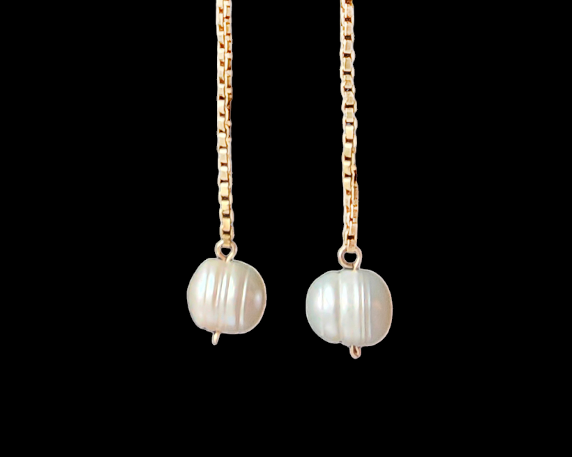 Extra-long Pearl dangle earrings with large white Freshwater Cultured Pearls dangle from 14k Gold Filled box style chain. Earring have french style earring hooks. 