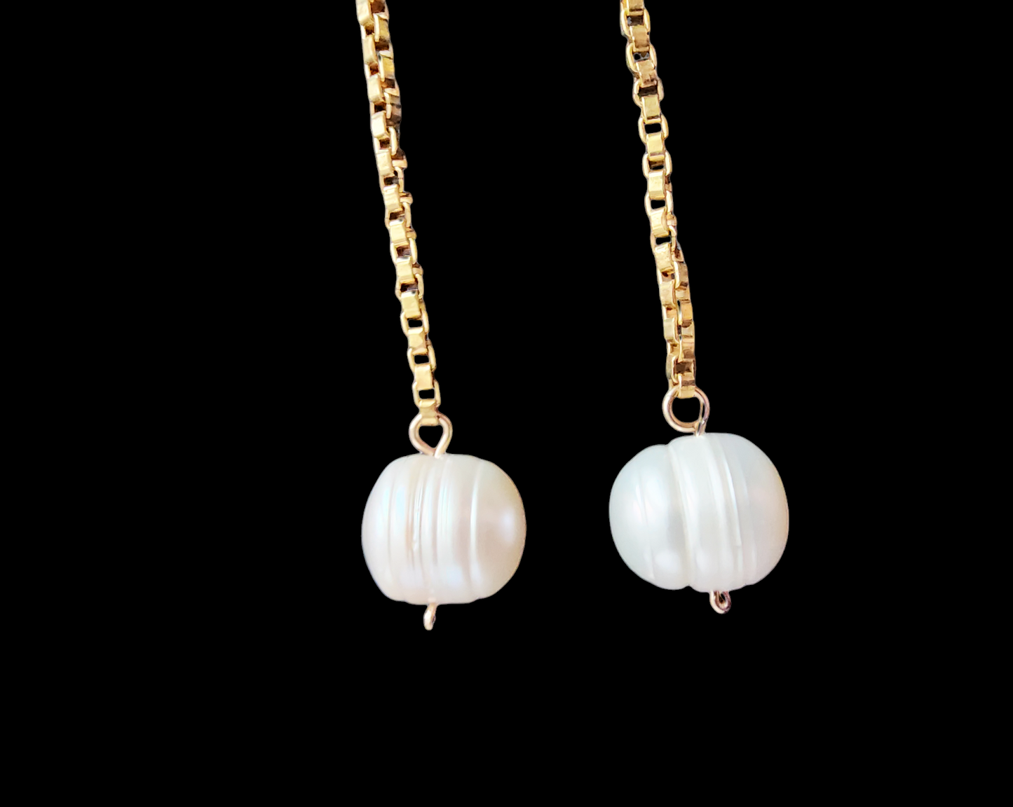 Extra-long Pearl dangle earrings with large white Freshwater Cultured Pearls dangle from 14k Gold Filled box style chain. Earring have french style earring hooks. 