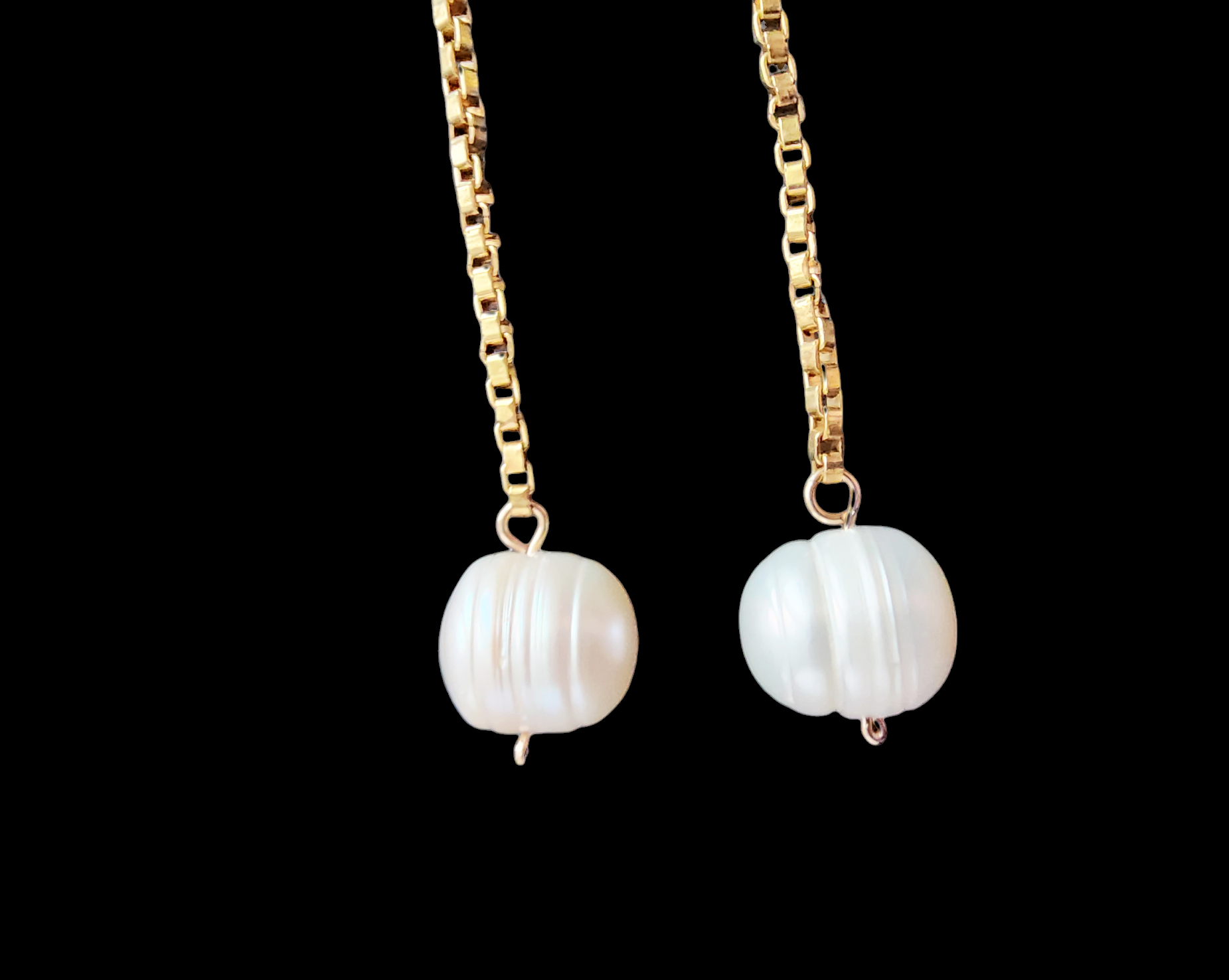 Extra-long Pearl dangle earrings with large white Freshwater Cultured Pearls dangle from 14k Gold Filled box style chain. Earring have french style earring hooks. 