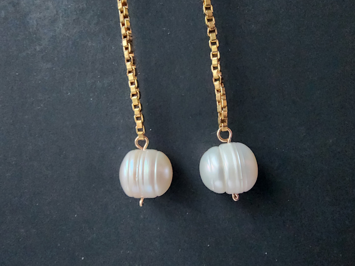 Extra-long Pearl dangle earrings with large white Freshwater Cultured Pearls dangle from 14k Gold Filled box style chain. Earring have french style earring hooks. 