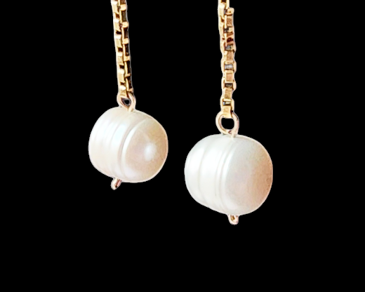 Extra-long Pearl dangle earrings with large white Freshwater Cultured Pearls dangle from 14k Gold Filled box style chain. Earring have french style earring hooks. 