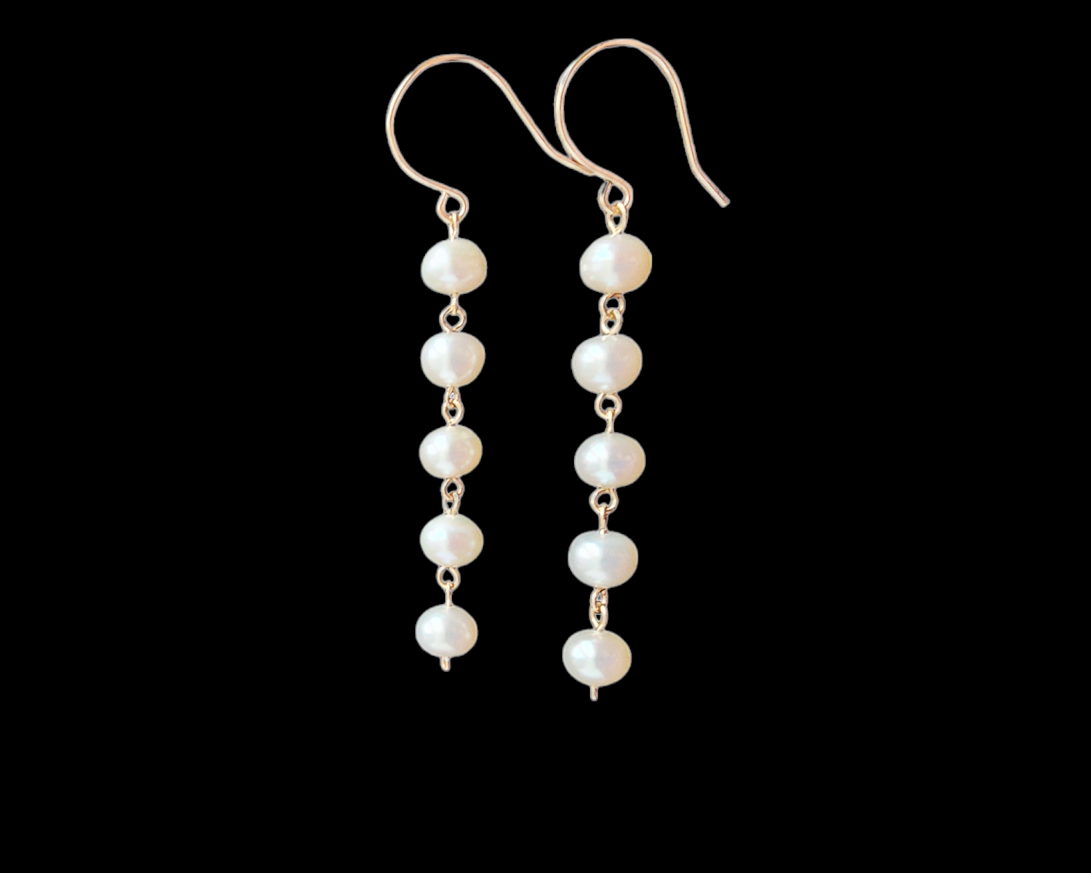 Long white pearl Dangle earrings with five round  Freshwater Cultured Pearls and 14k gold filled metal, dangling from French style earring wires. 