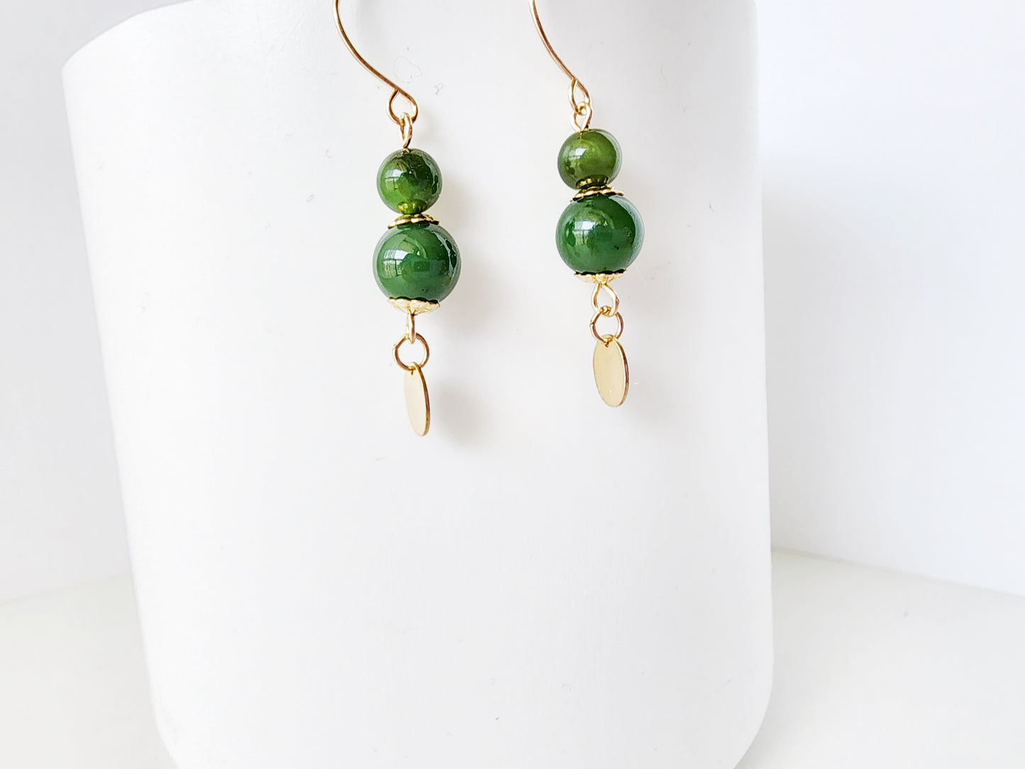 Vintage inspired BC Jade-Nephite Jade Dangle Earrings made with Upcycled Vintage green BC Canadian Jade and new 14k Gold Filled metal.