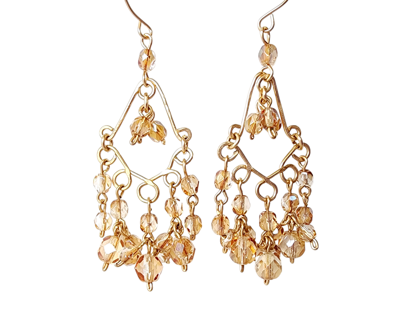 Long Bohemian Champagne Sparkle Golen Chandelier Earrings, Gold Filled wire wrapped sparkly pale gold, light topaz beads dangling from french earring hooks.