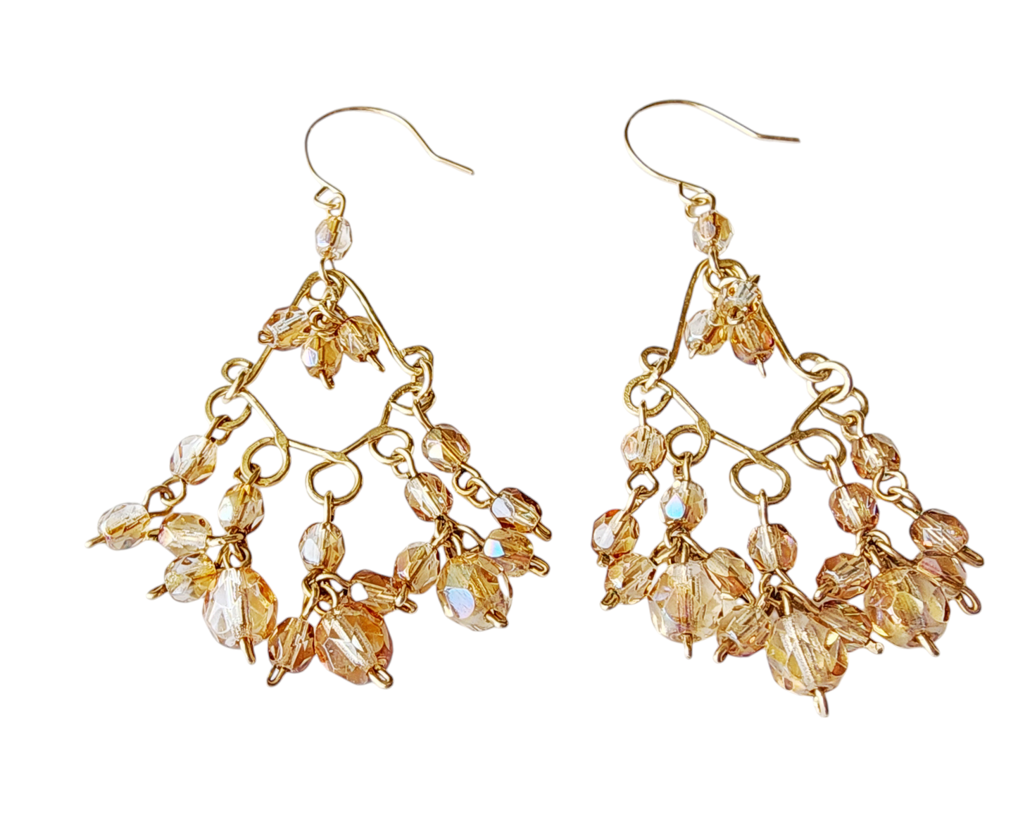 Long Bohemian Champagne Sparkle Golen Chandelier Earrings, Gold Filled wire wrapped sparkly pale gold, light topaz beads dangling from french earring hooks.