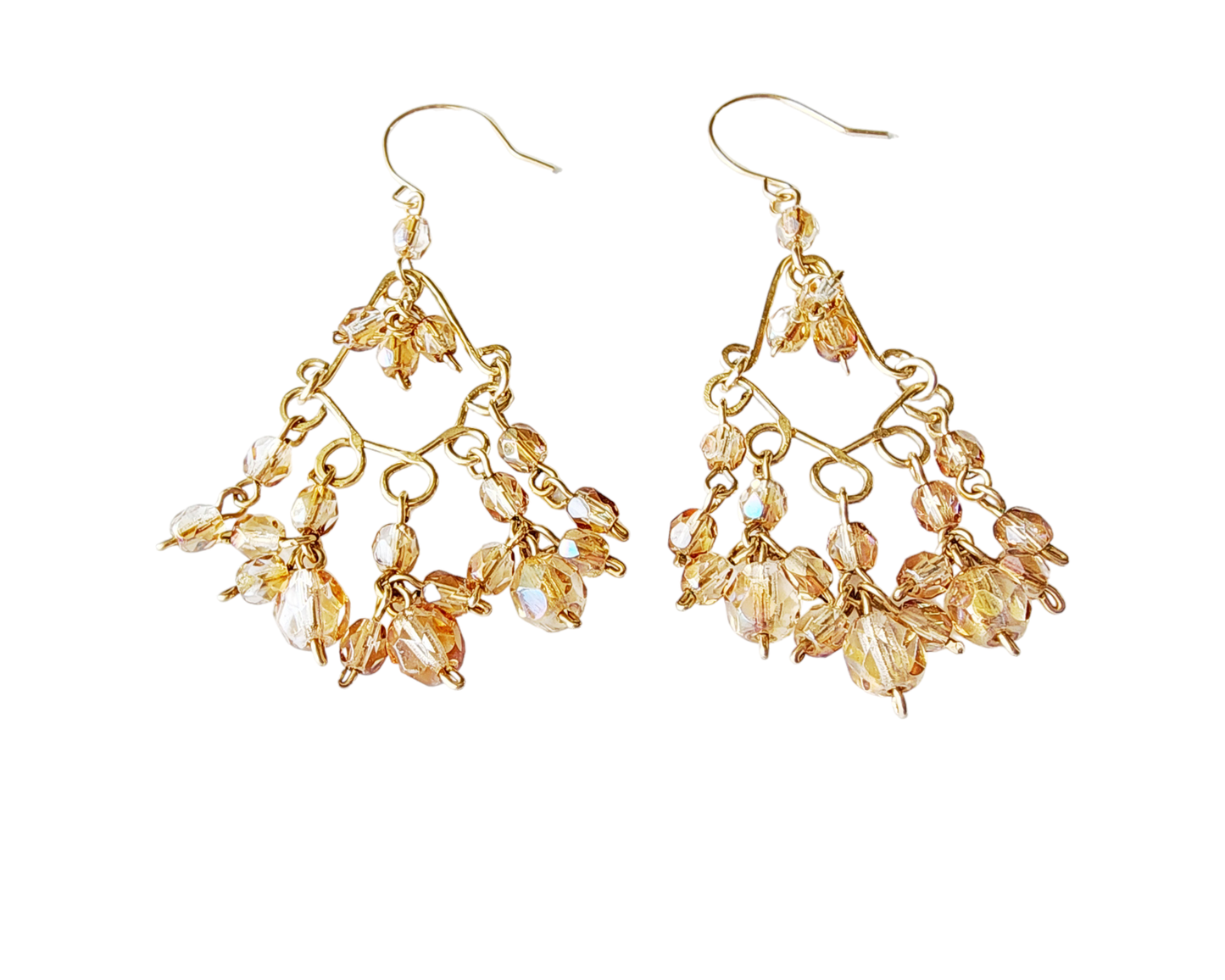 Long Bohemian Champagne Sparkle Golen Chandelier Earrings, Gold Filled wire wrapped sparkly pale gold, light topaz beads dangling from french earring hooks.