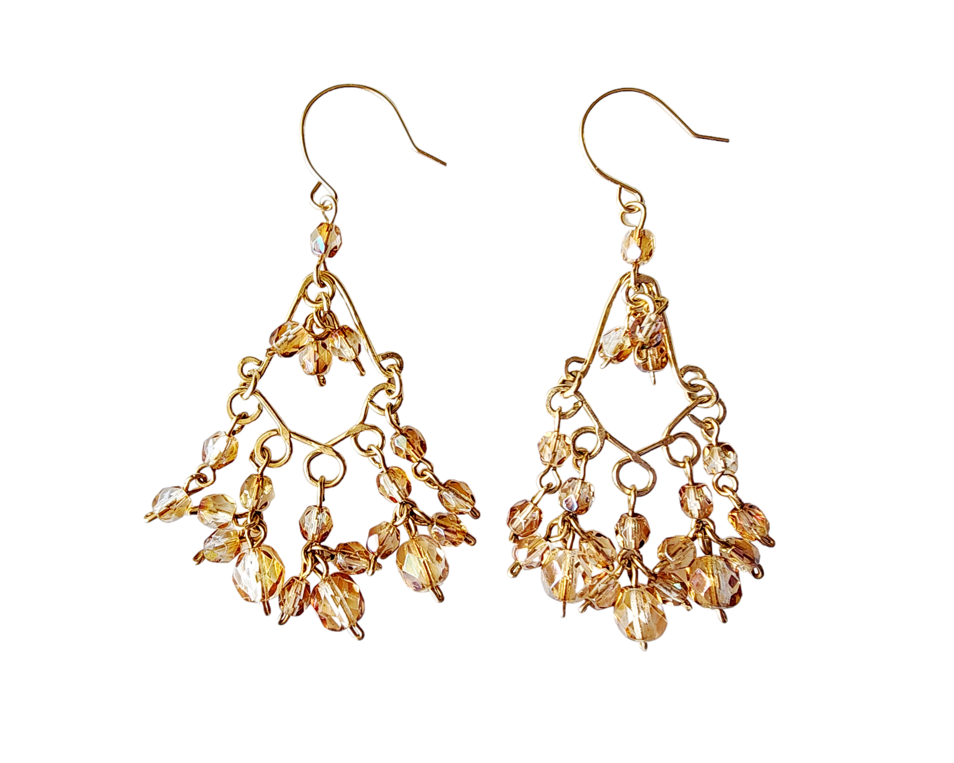 Long Bohemian Champagne Sparkle Golen Chandelier Earrings, Gold Filled wire wrapped sparkly pale gold, light topaz beads dangling from french earring hooks.